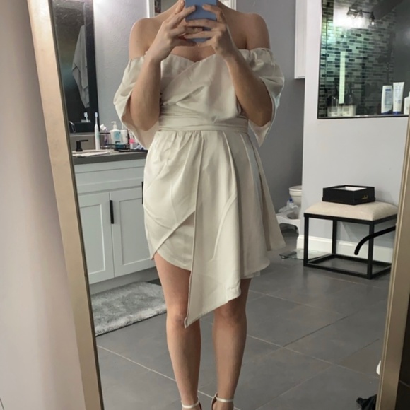 Lulus Ivory Satin Off-the-Shoulder Mini Dress - Picture 5 of 5
